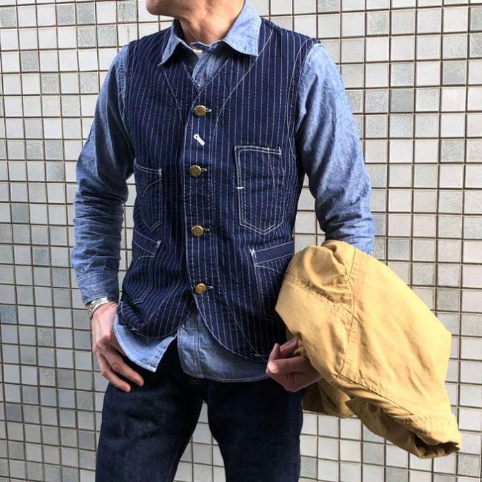 フリーホイーラーズ (FREEWHEELERS) CONDUCTOR VEST コットンベスト インディゴウォバッシュストライプ 2121001