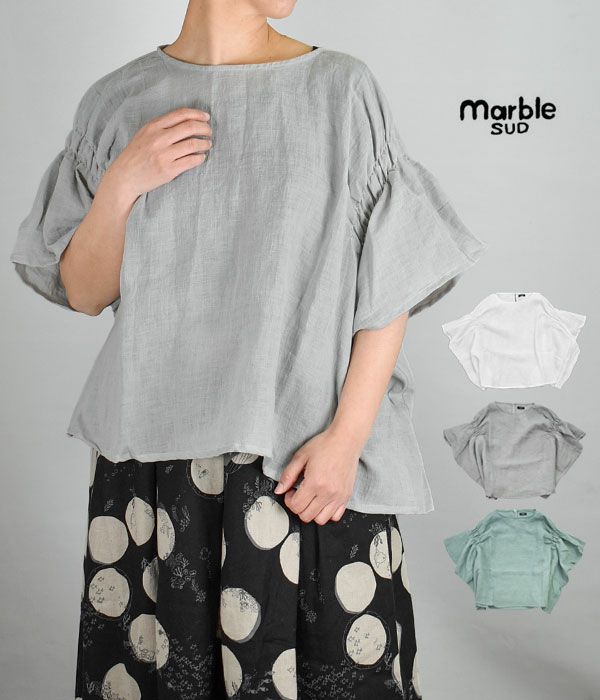 【セール】 マーブルシュッド (marble SUD) Linen ワッシャー シャーリング BL 半袖プルオーバーシャツ ブラウス 05AM046098