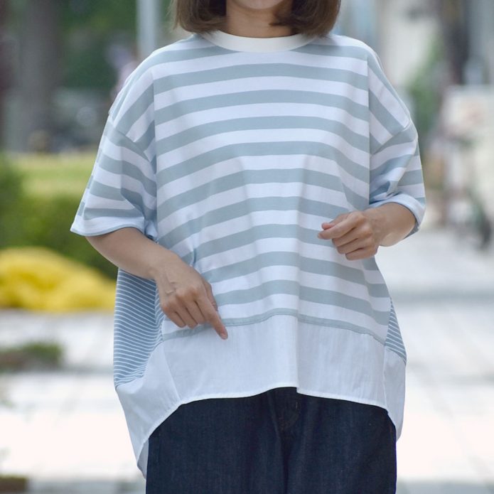 ソソット (sosotto) ボーダー切替ラウンドPO ボーダー半袖Tシャツ 裾切り替え ワイドシルエット ストレッチ 42511322 トップジミーのレディースコーディネート画像