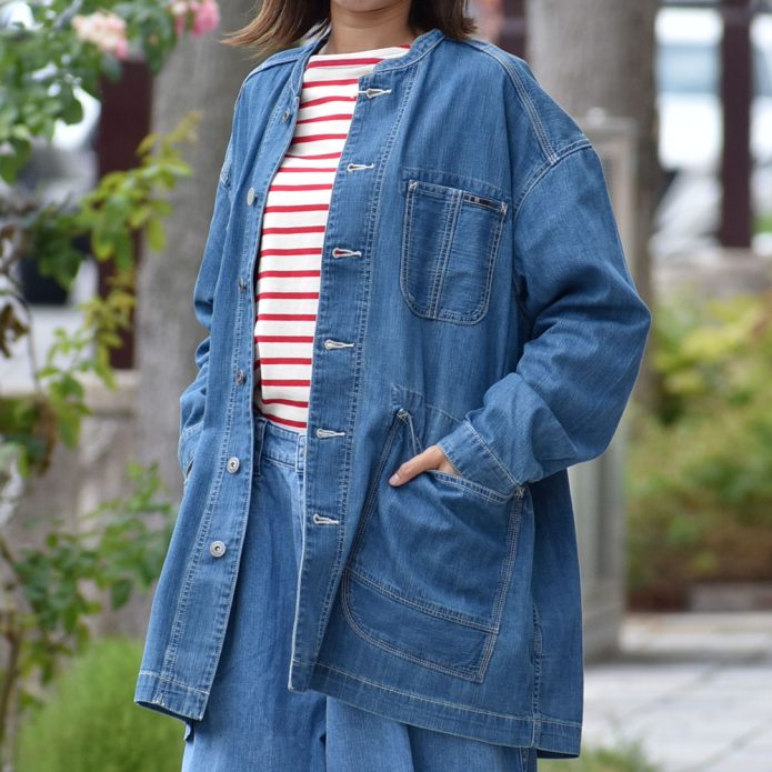 カフェッティ (Cafetty) ロングカバーオール デニムジャケット ノーカラージャケット CF-7194 トップジミーのレディースコーディネート画像