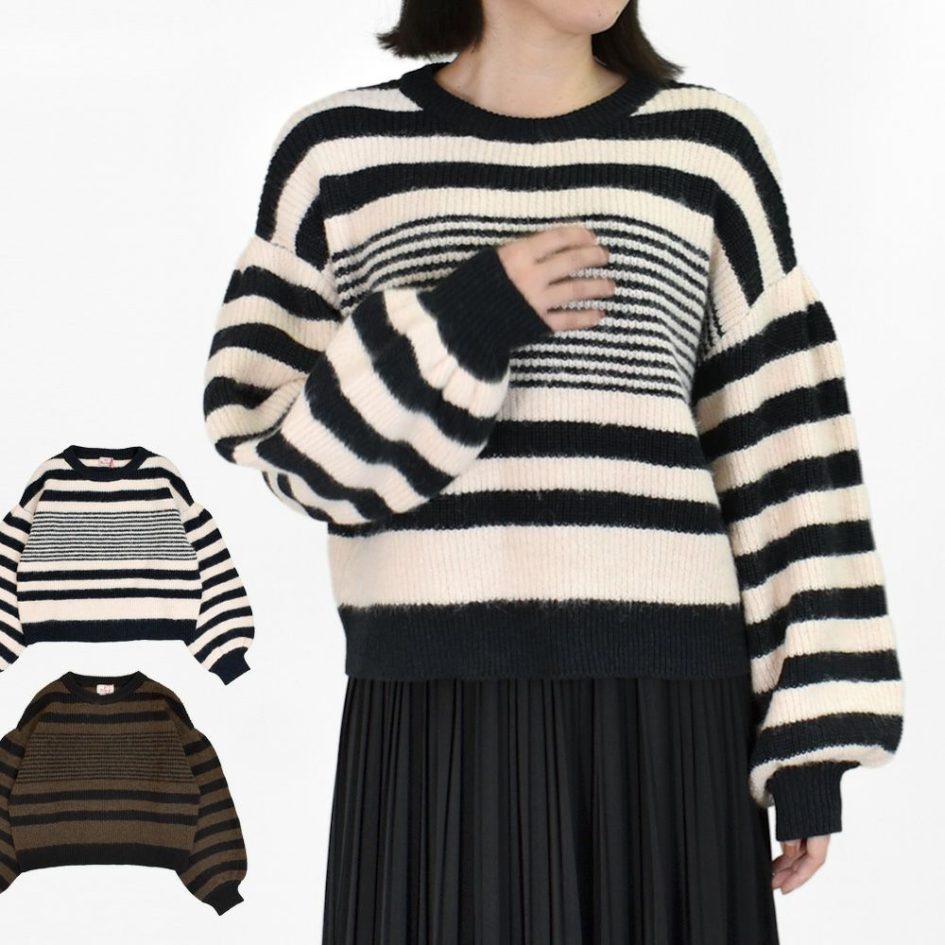 【セール】 マオメイド (MAOMADE) ランダム ボーダー お袖ボリューム プルオーバー 長袖ボーダーニット セーター 451127