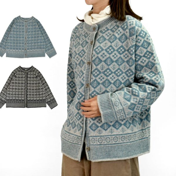 ブリスバンチ (Bliss bunch) ジャガード クルーネックカーデ ウールジャガードニットカーディガン P758-440