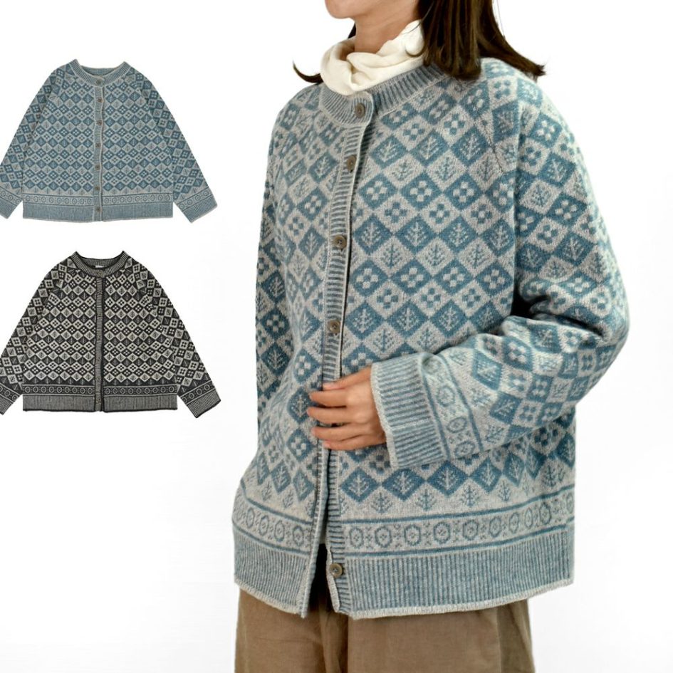 ブリスバンチ (Bliss bunch) ジャガード クルーネックカーデ ウールジャガードニットカーディガン P758-440